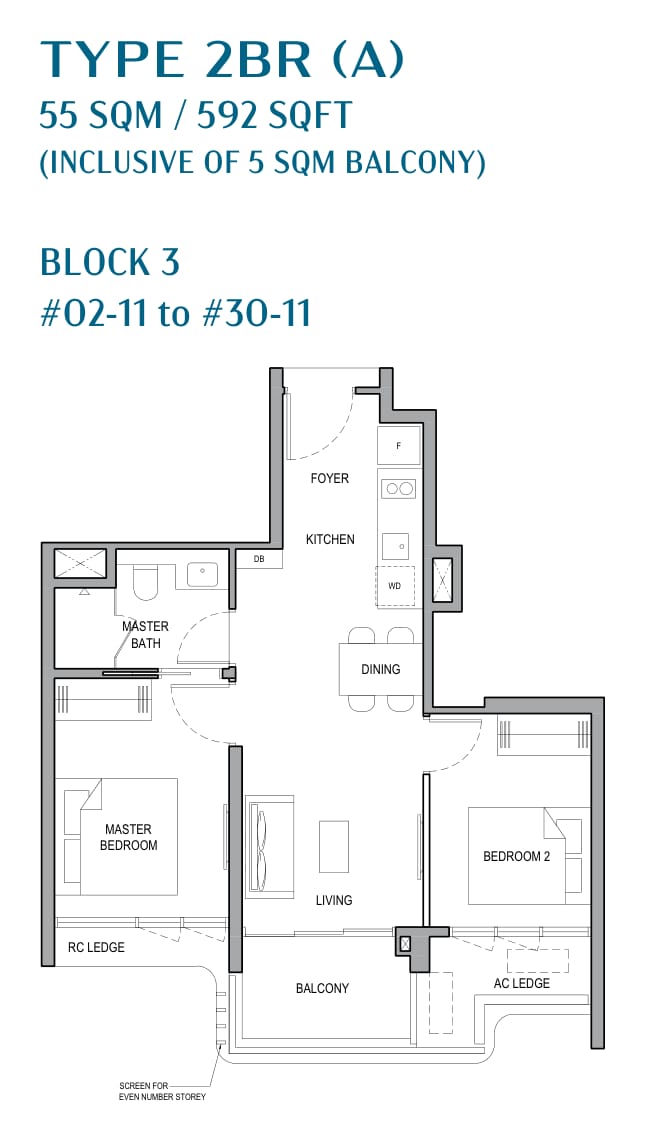 Floor plan of the 2-bedroom, type 2BR (A), 592 square feet