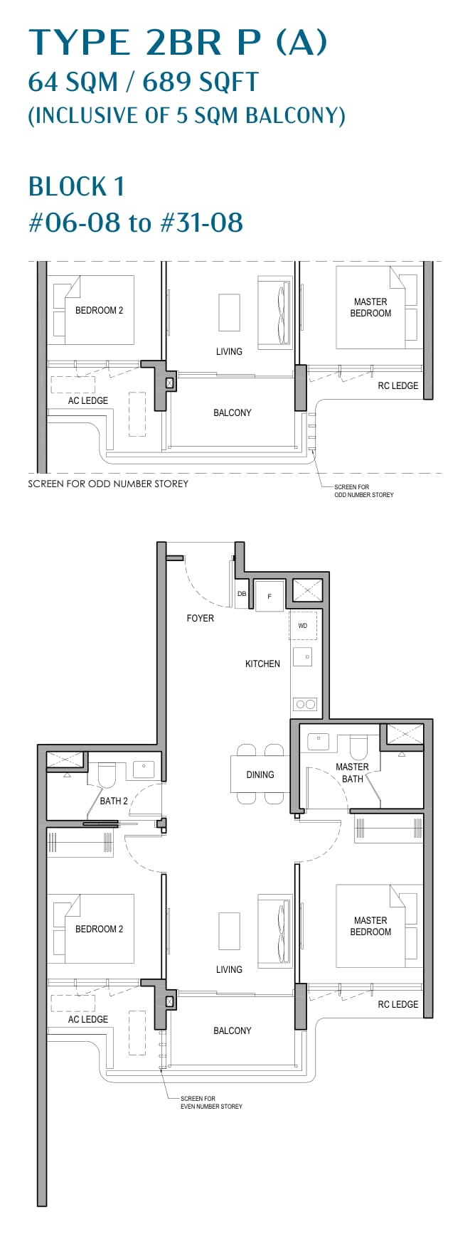 Floor plan of the 2-bedroom premium, type 2BR P (A), 689 square feet