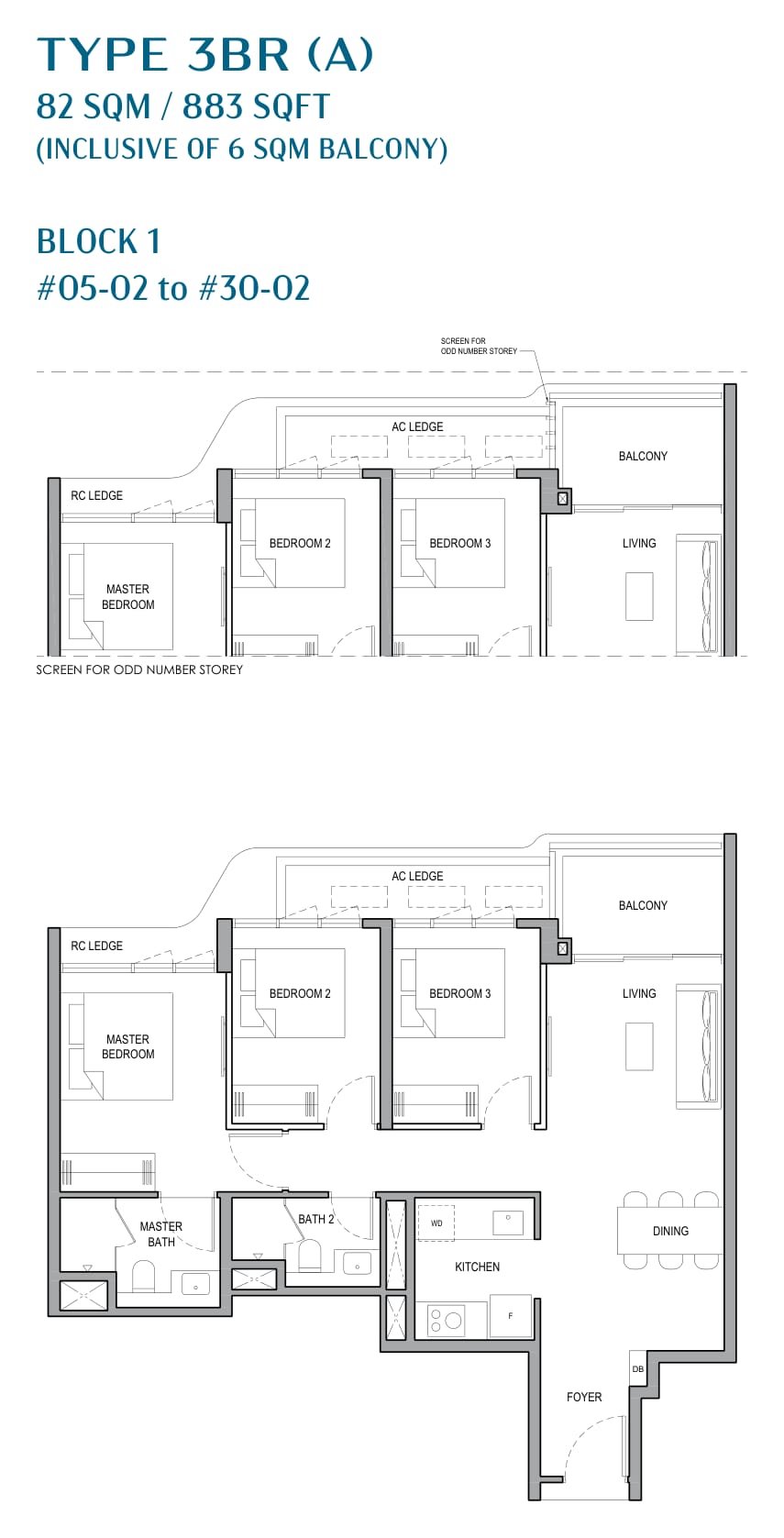 Floor plan of the 3-bedroom, type 3BR (A), 883 square feet