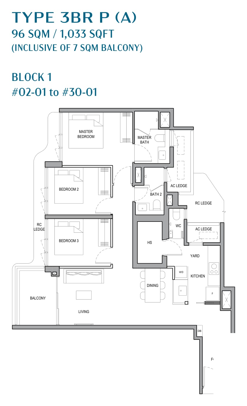 Floor plan of the 3-bedroom premium, type 3BR P (A), 1,033 square feet