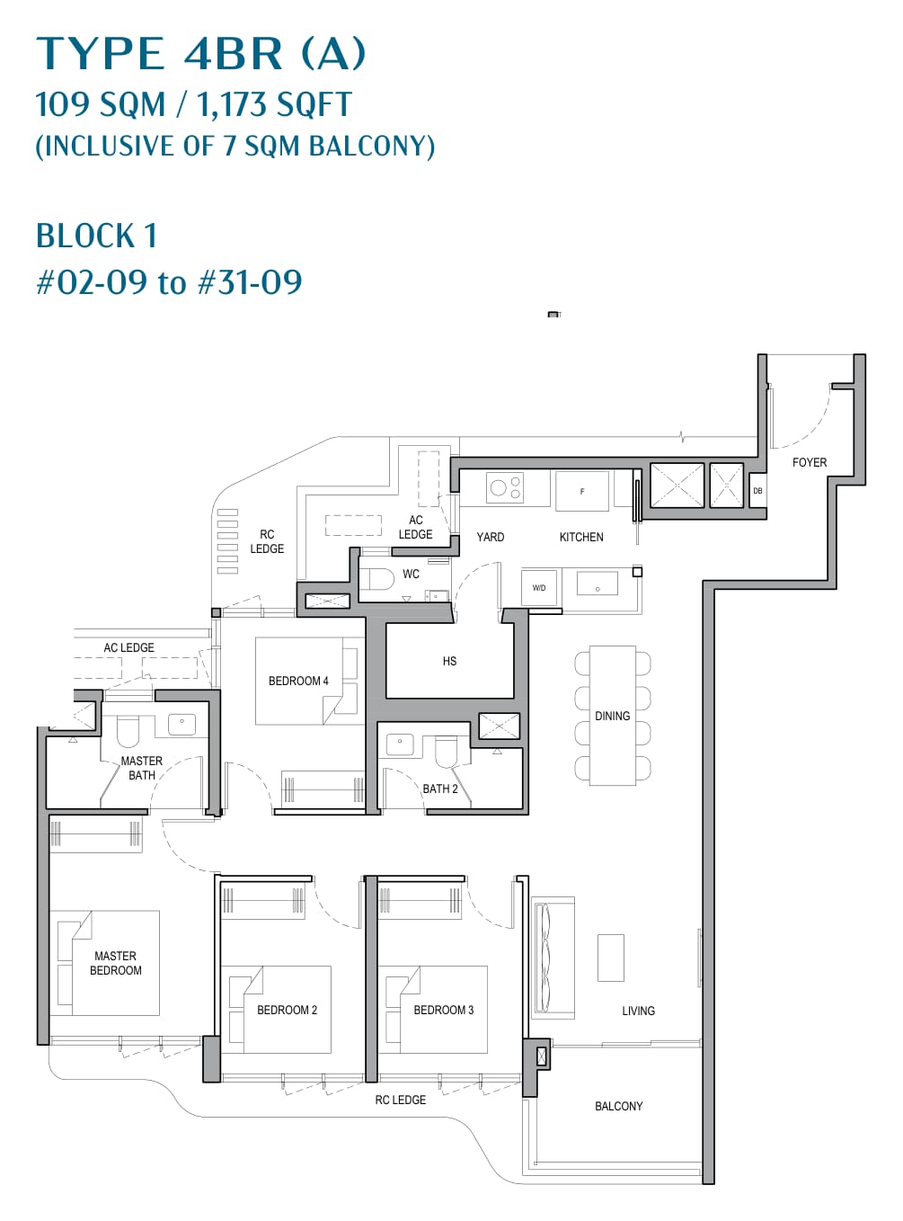 Floor plan of the 4-bedroom, type 4BR (A), 1,173 square feet