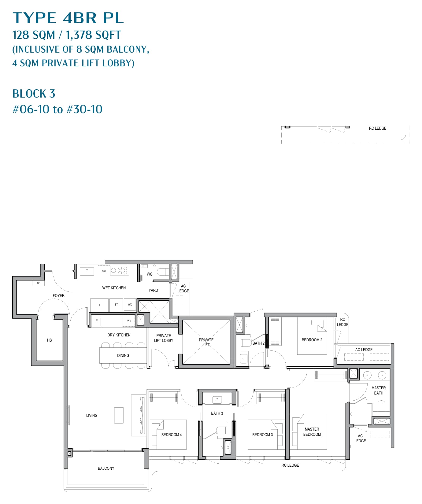 Floor plan of the 4-bedroom with private lift, type 4BR PL, 1,378 square feet