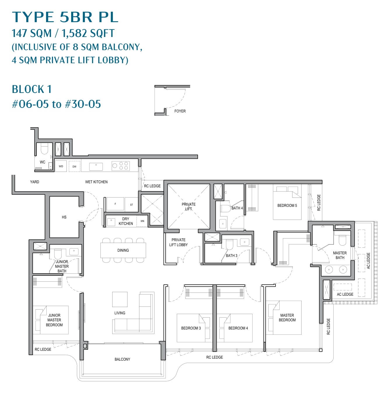 Floor plan of the 5-bedroom with private lift, type 5BR PL, 1,582 square feet