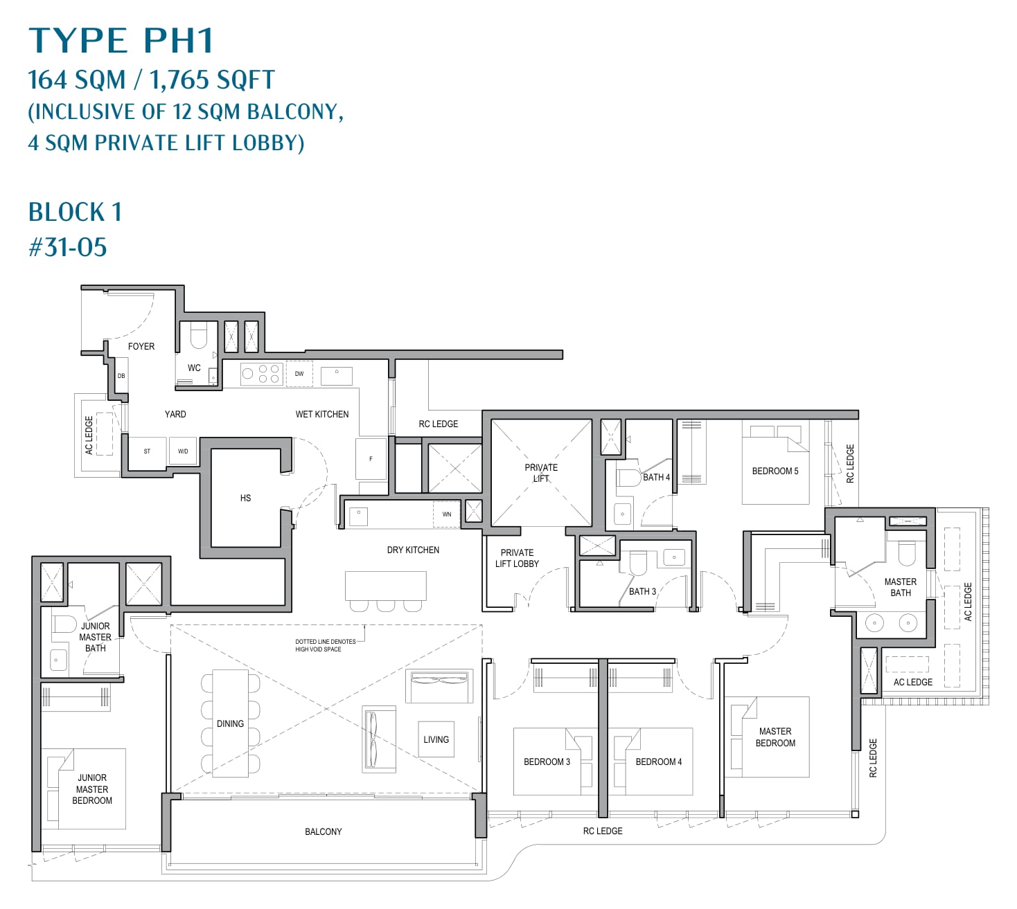 Floor plan of Penthouse 1, type PH1, 1,765 square feet