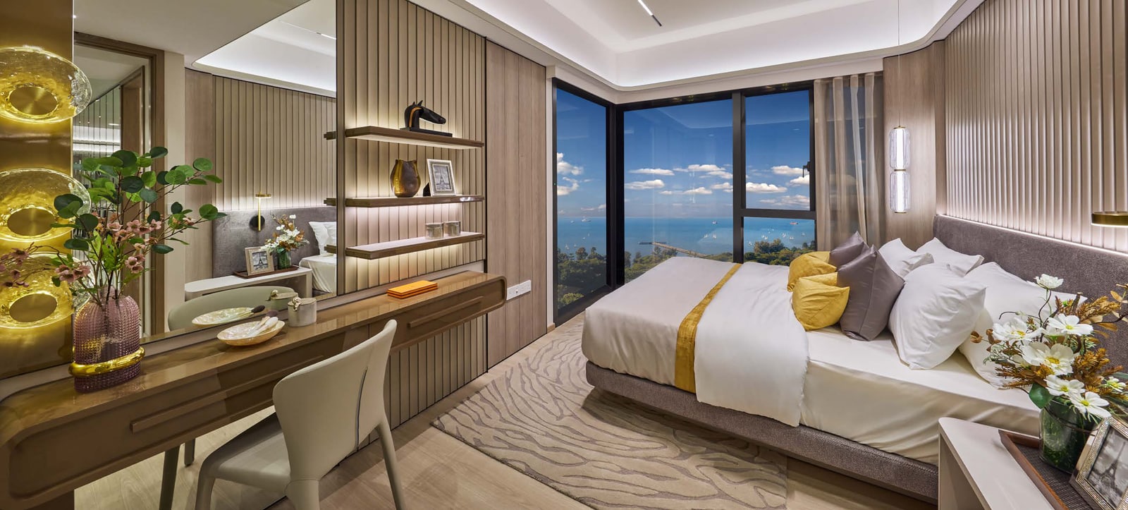 Illustration of a bedroom with a desk and a sea view