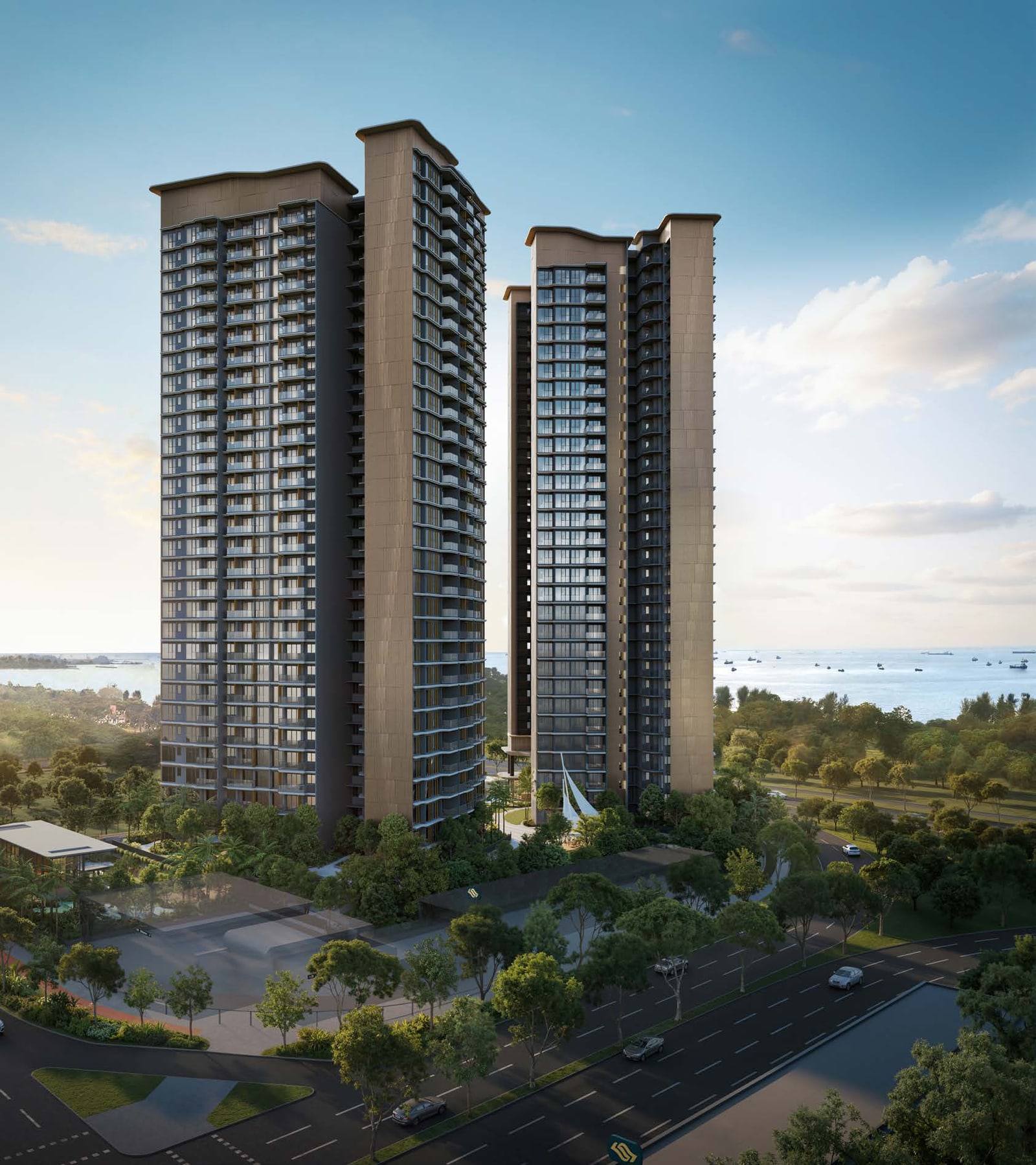 Artist's impression of the two Vela Bay towers rising over the trees, with the sea behind