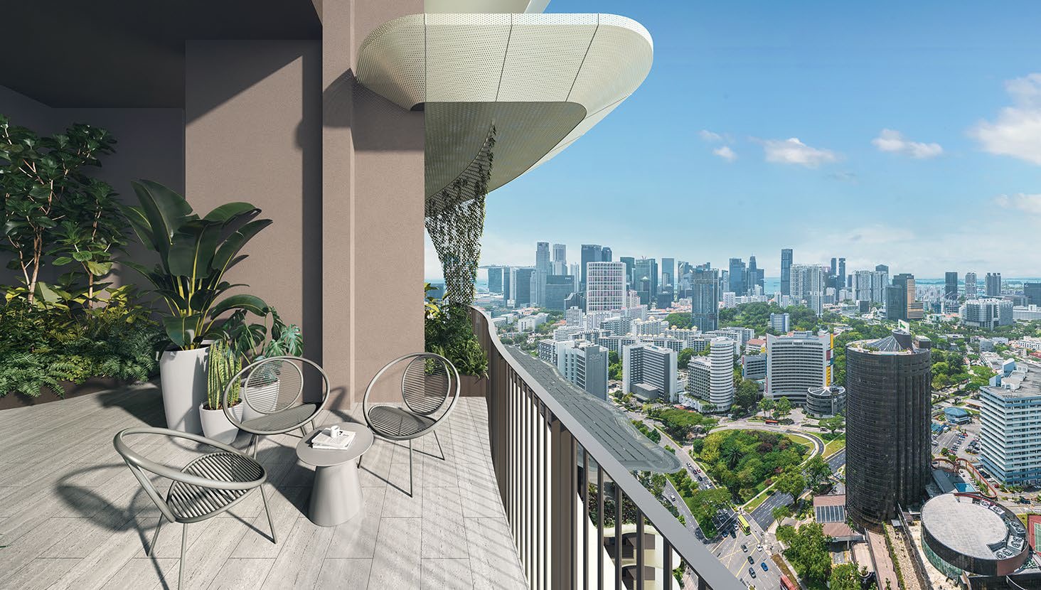 Artist's impression of a sky terrace with lounge chairs and a view over the city