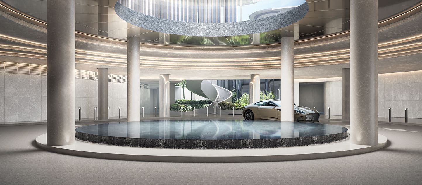 Artist's impression of the arrival court for residents with a round reflecting pool under a circular skylight