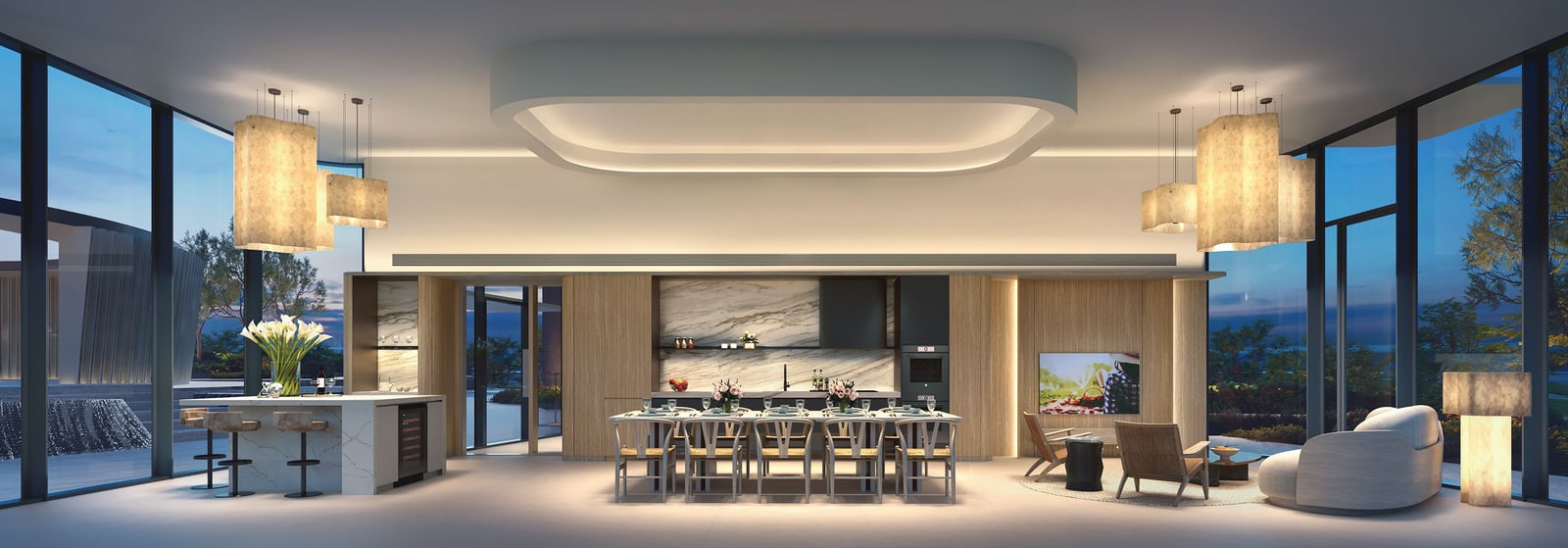 Artist's impression of the Club Gourmet function room with a long dining table and an open kitchen