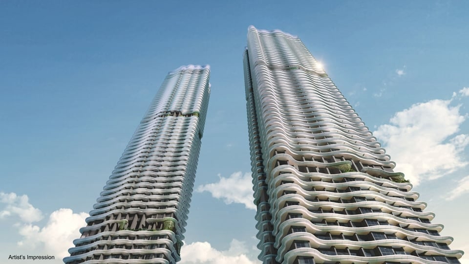 Artist's impression looking up the folded white facade of the two residential towers of Zyon Grand