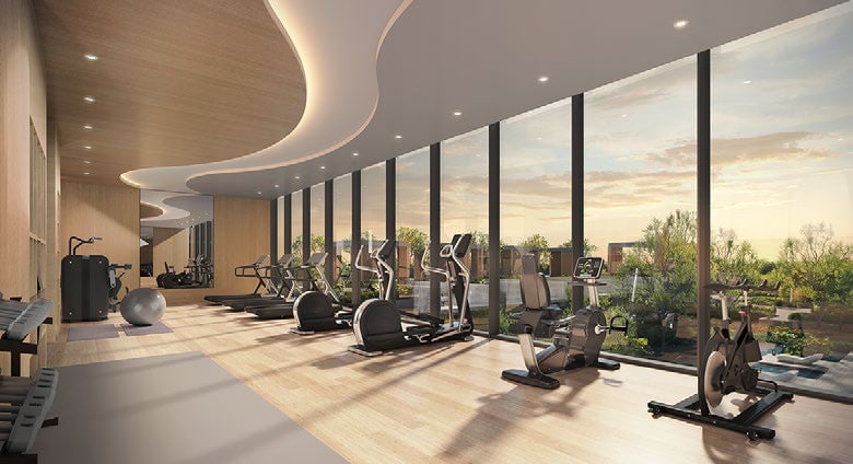 Artist's impression of the fitness suite with rows of cardio machines facing floor-to-ceiling windows