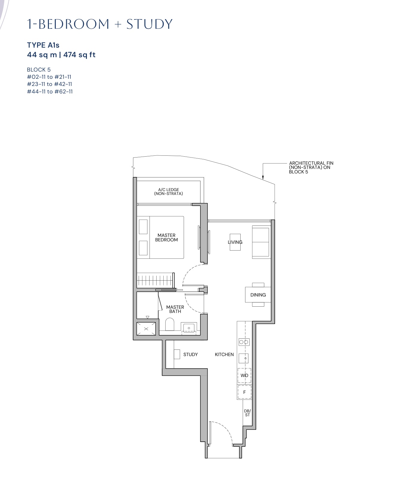 Floor plan of the 1-bedroom with study, type A1s, 474 square feet