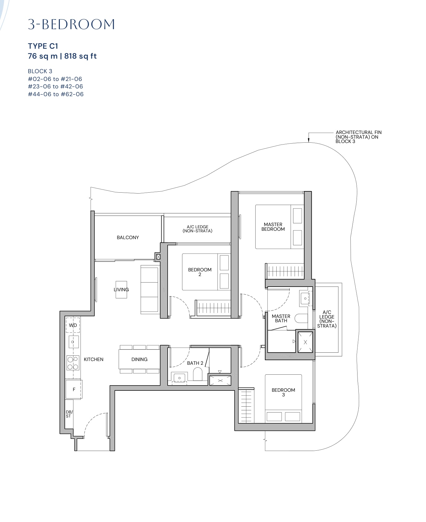 Floor plan of the 3-bedroom, type C1, 818 square feet