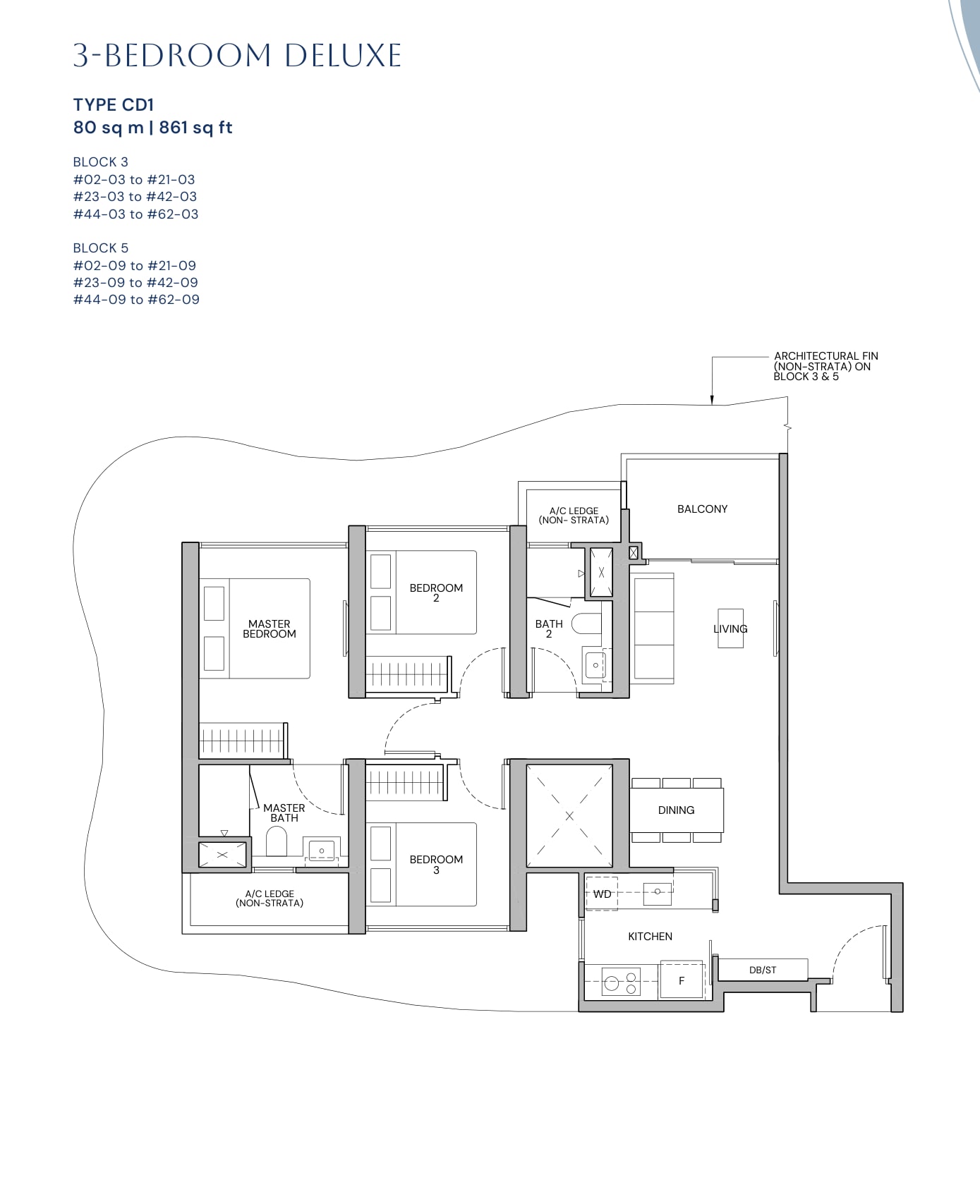 Floor plan of the 3-bedroom deluxe, type CD1, 861 square feet