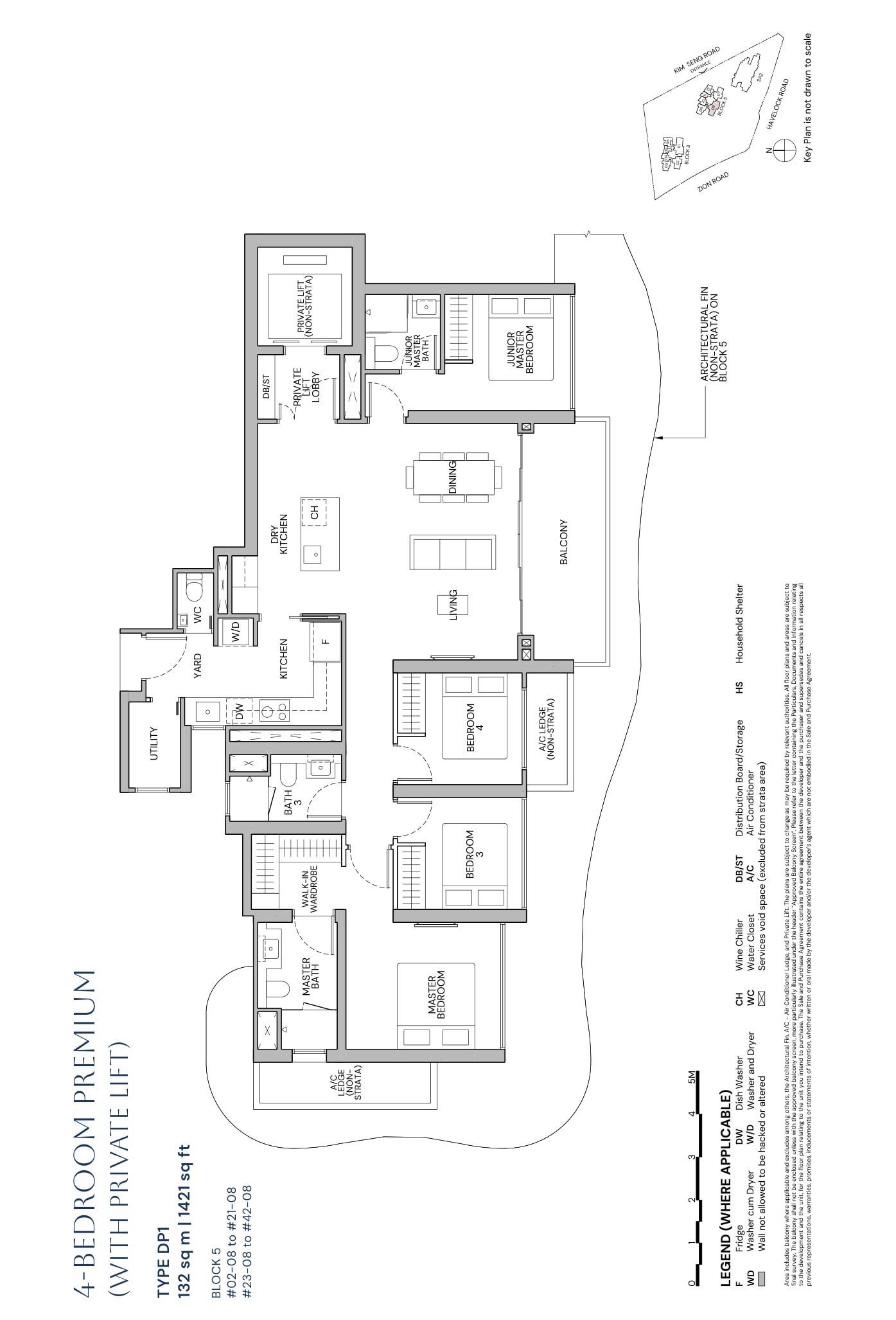 Floor plan of the 4-bedroom premium with private lift, type DP1, 1,421 square feet