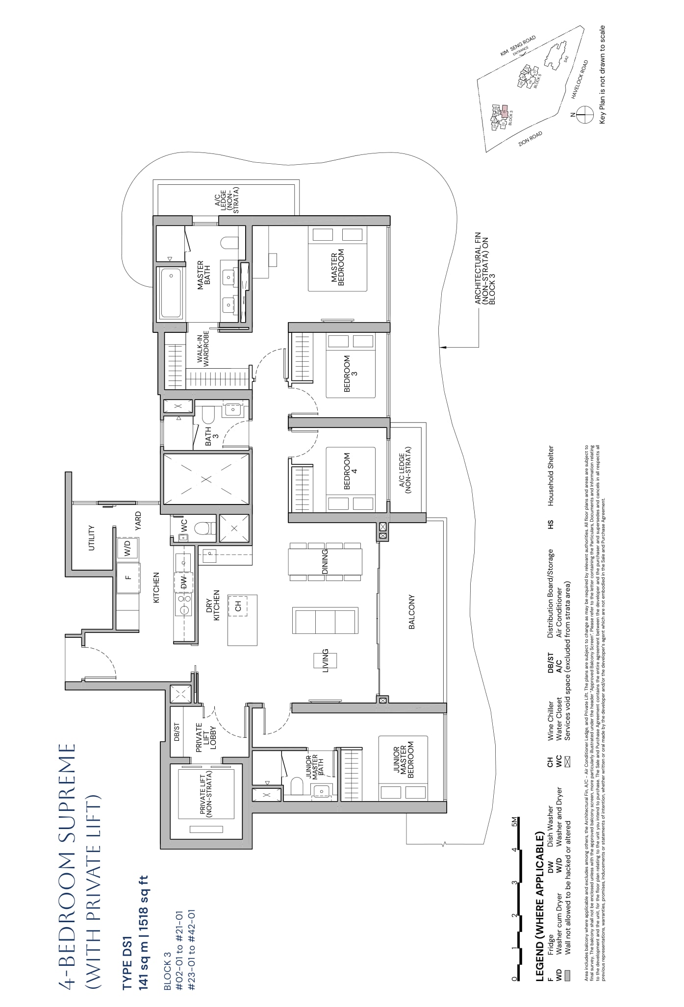 Floor plan of the 4-bedroom supreme with private lift, type DS1, 1,518 square feet