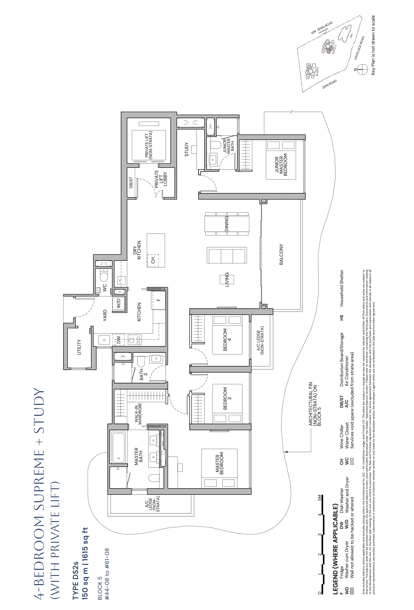 Floor plan of the 4-bedroom supreme with study and private lift, type DS2s, 1,615 square feet