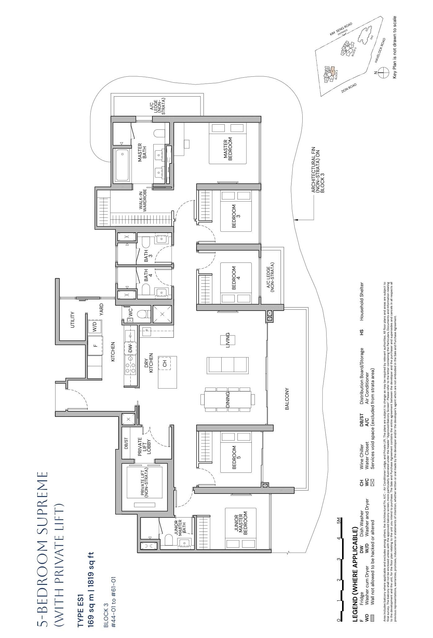 Floor plan of the 5-bedroom supreme with private lift, type ES1, 1,819 square feet