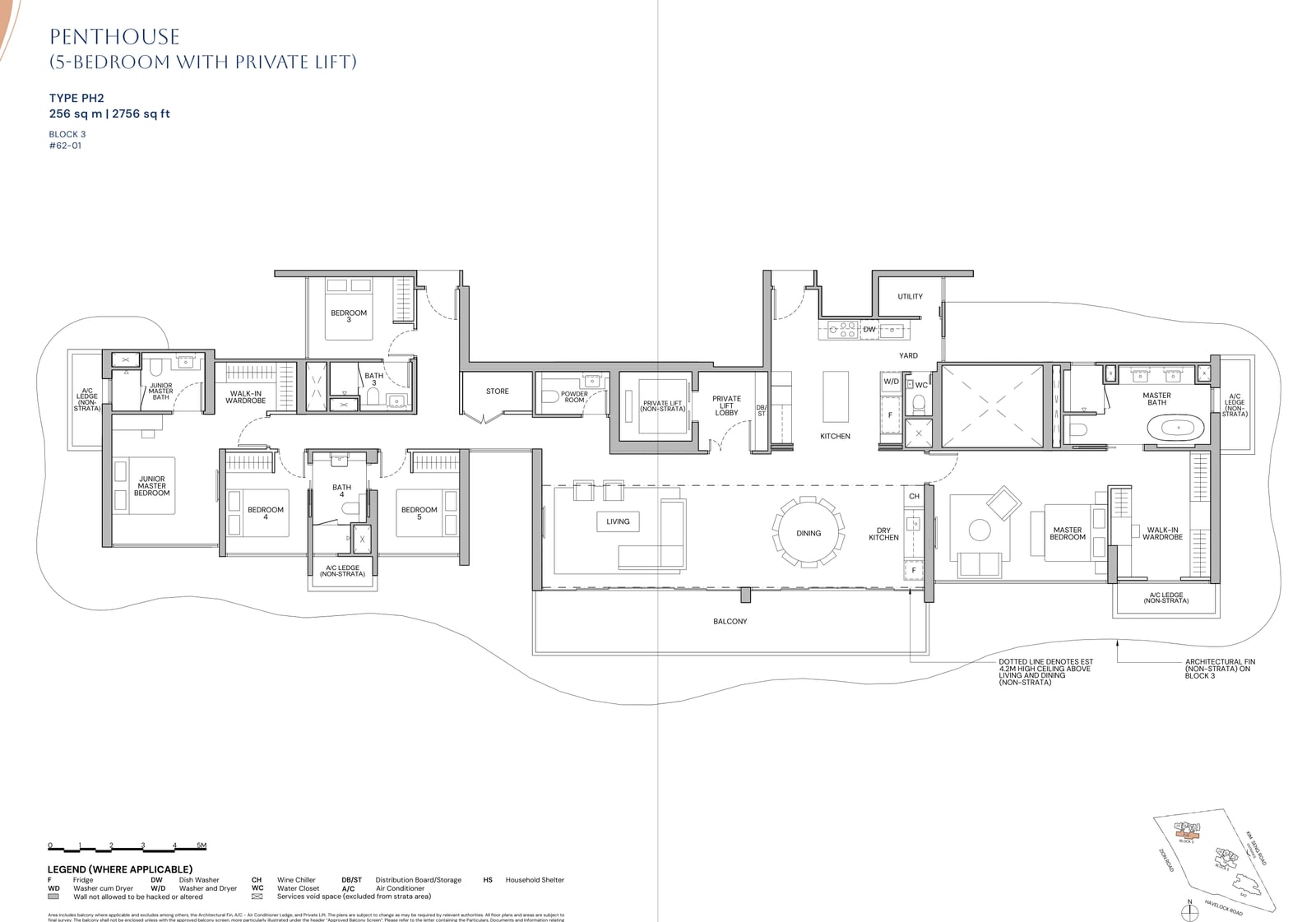 Floor plan of the 5-bedroom penthouse with private lift, type PH2, 2,756 square feet