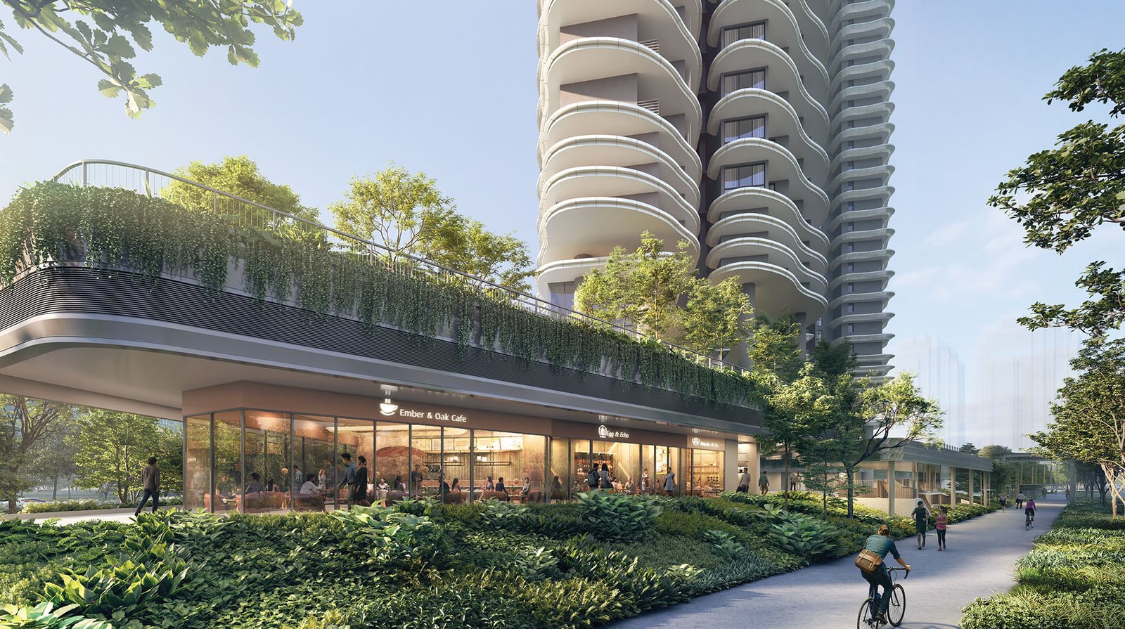 Artist's impression of Zyon Galleria, a landscaped walkway of shops and restaurants under the residential towers