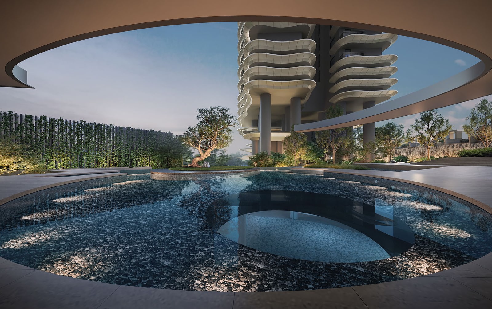 Artist's impression of the Grand Pavilion: a sculptural garden in a pool seen through a round opening, with a residential tower above
