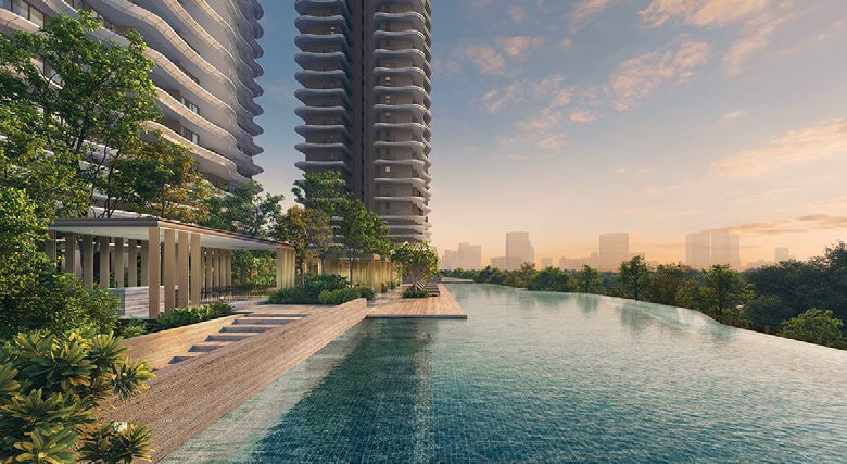 Artist's impression of the 50-metre lap pool beside the towers at sunset