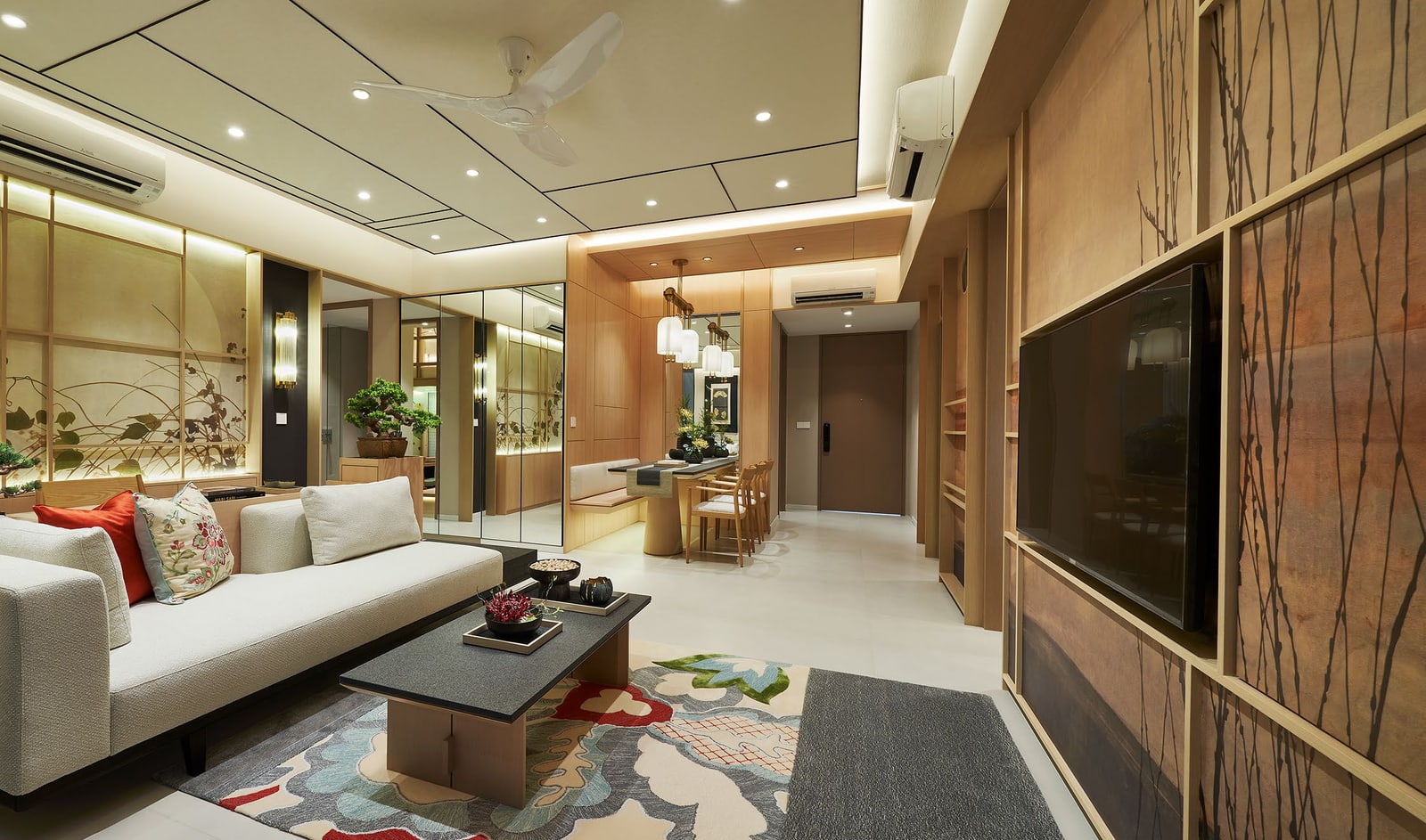 Artist's impression of a living room with a sofa, a timber feature wall and a ceiling fan