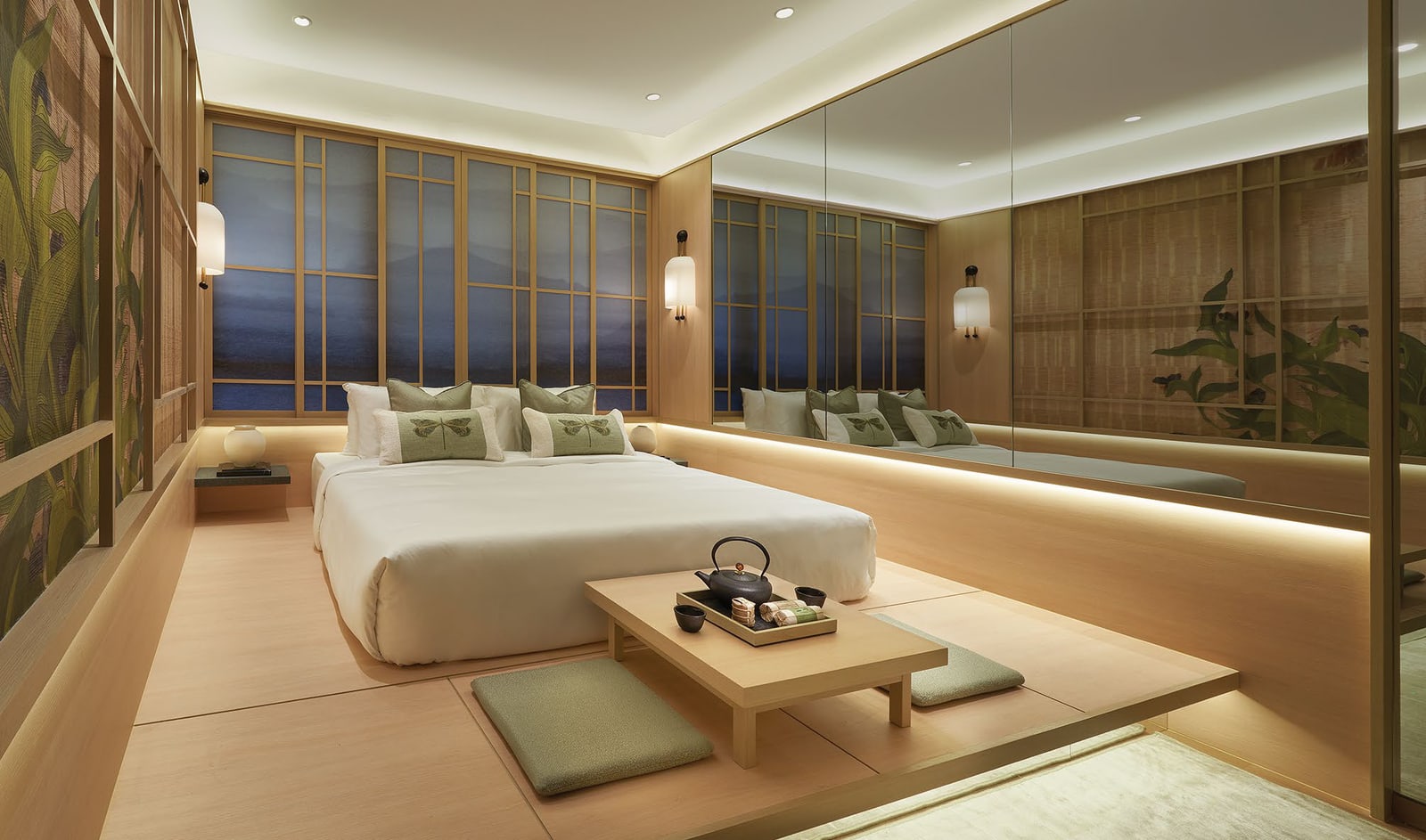 Artist's impression of a master bedroom with a low bed, a raised timber platform and floor-to-ceiling windows
