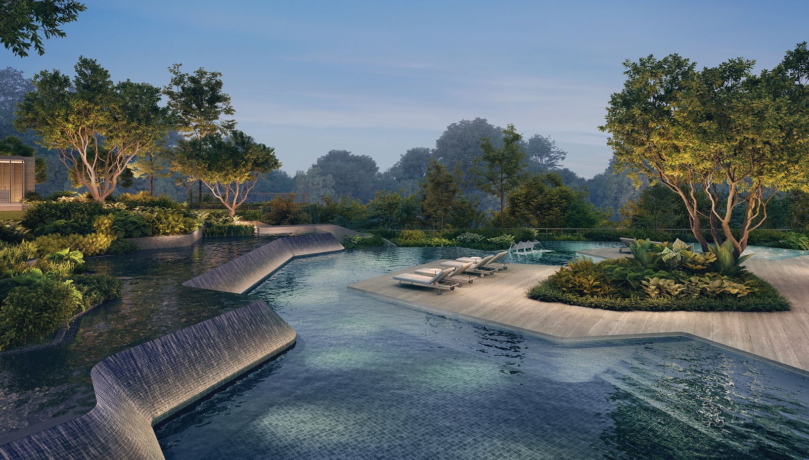 Artist's impression of the Relaxation Lagoon, a meandering pool with sun decks and trees at dusk
