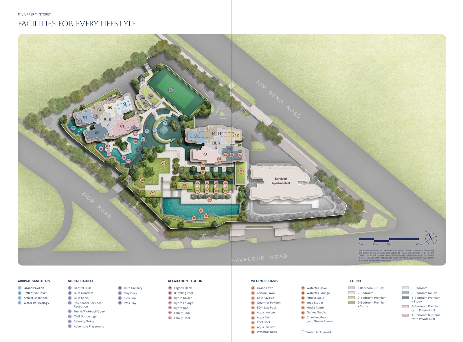 Site plan of the first storey with a numbered legend of the facilities in the Arrival Sanctuary, Social Habitat, Relaxation Lagoon and Wellness Oasis, and the colours of each unit type