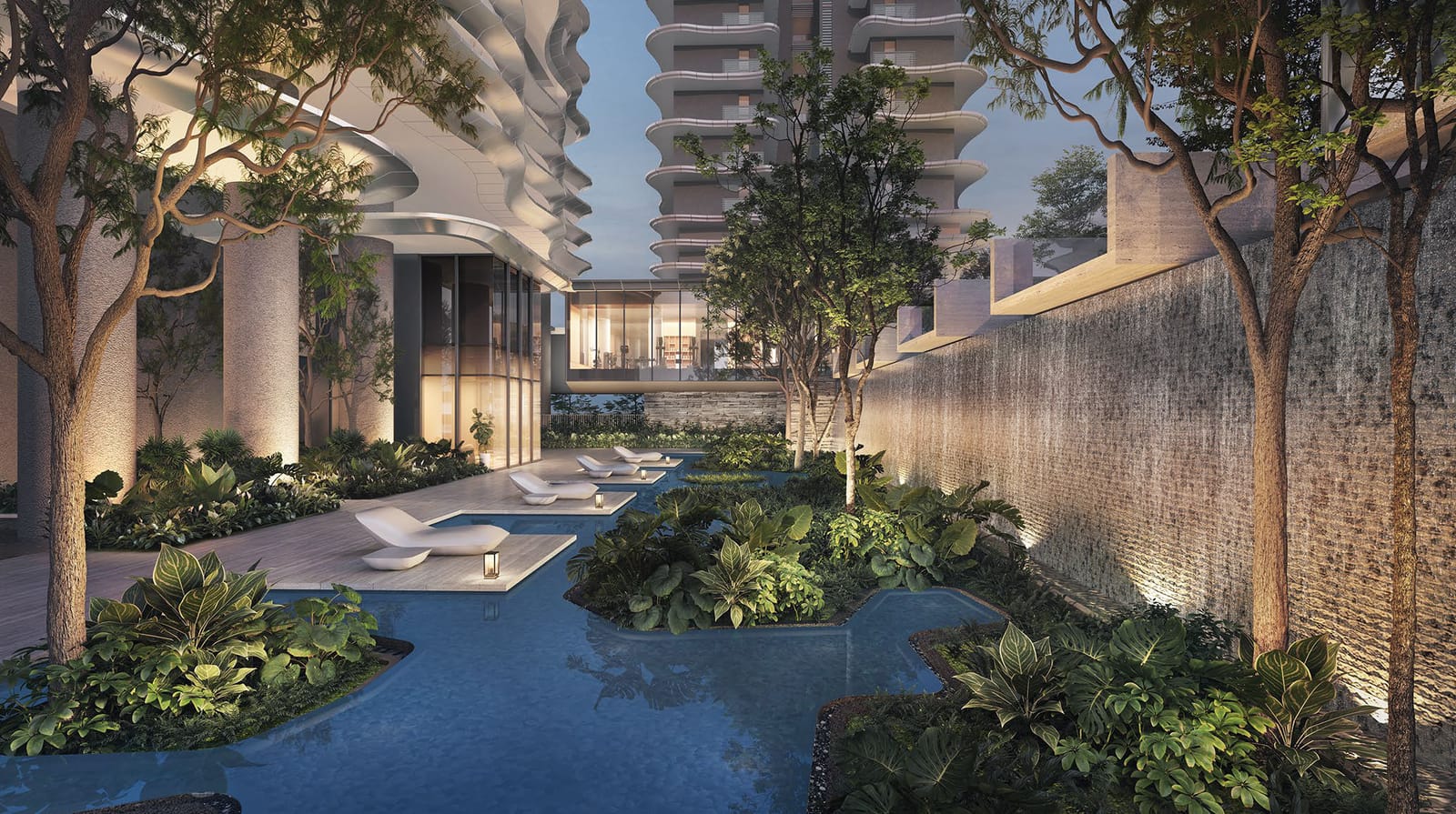 Artist's impression of the Waterfall Cove: a stone waterfall wall above a shaded pool with trees